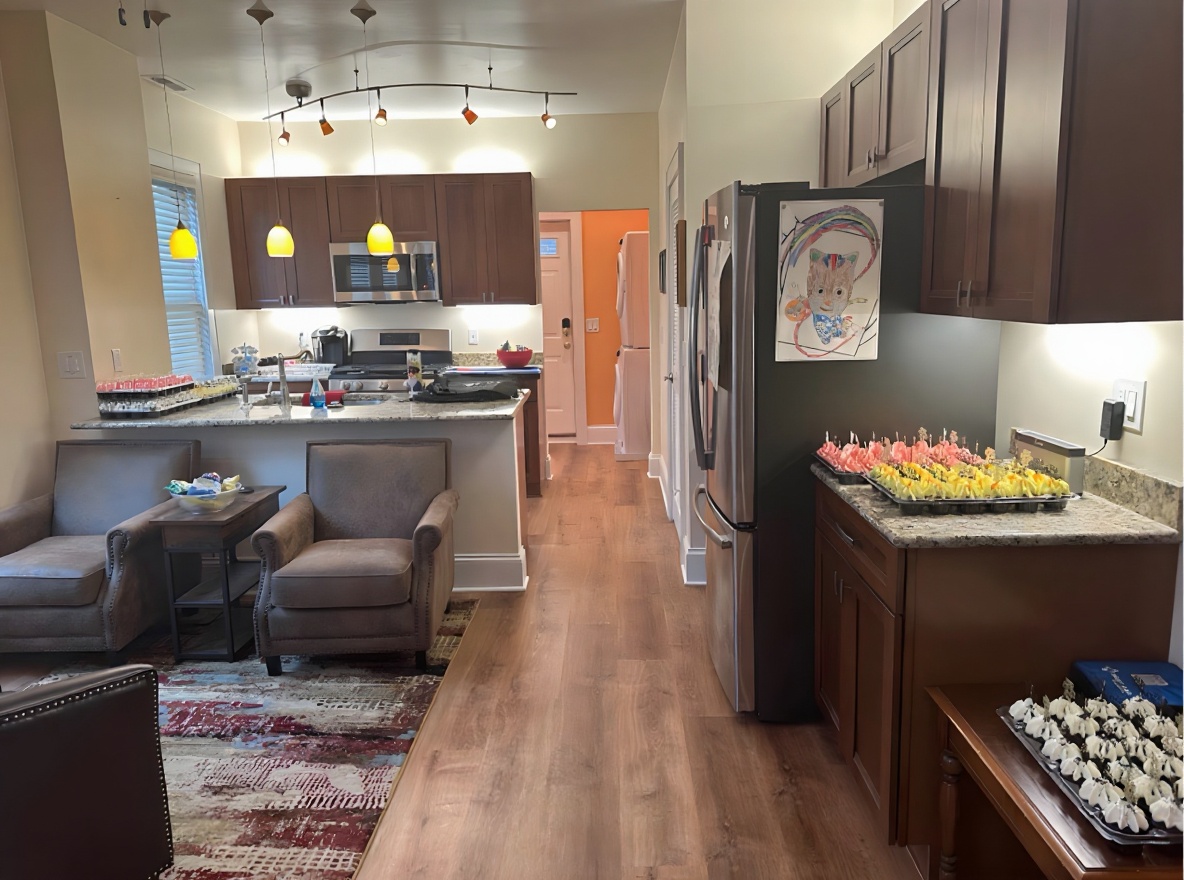 Open kitchen and lounge with event spread