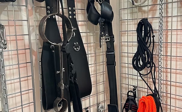 Leather harnesses and bondage gear on grid wall